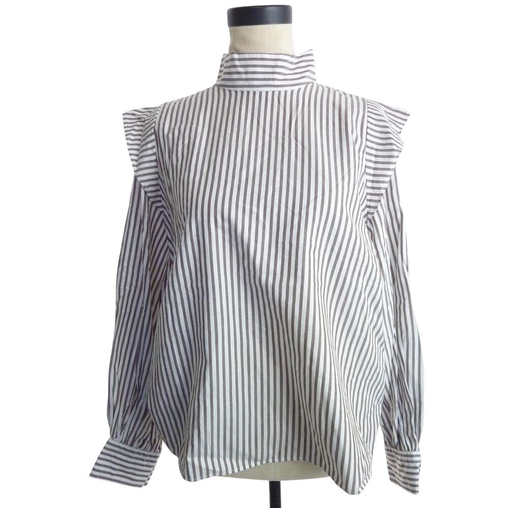 NWT Everlane Wing Shoulder Mockneck Long Sleeve Top Striped Brown White 6